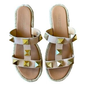 Maypol Leather Studded Beige Jute Trim Sandals Size 8